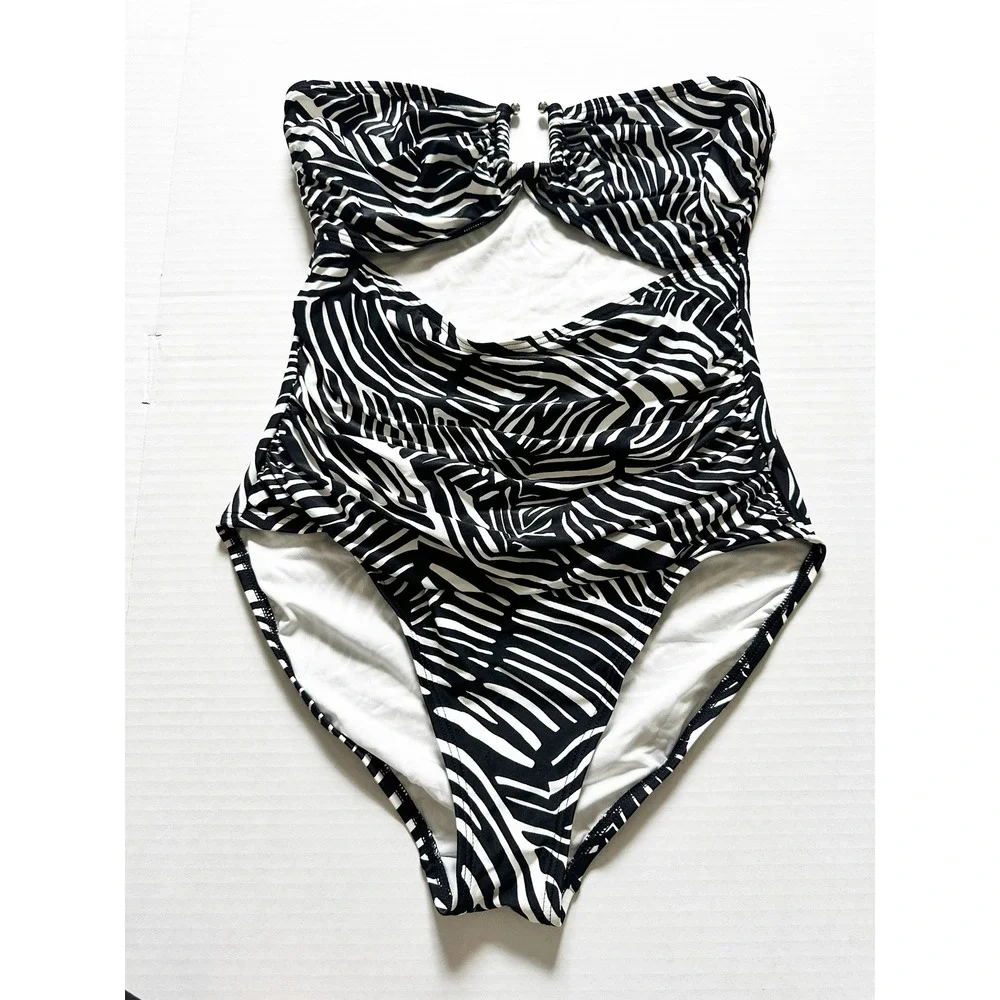 Michael‎ Kors One Piece Swimsuit 14 Black Zebra Cutout Monokini
